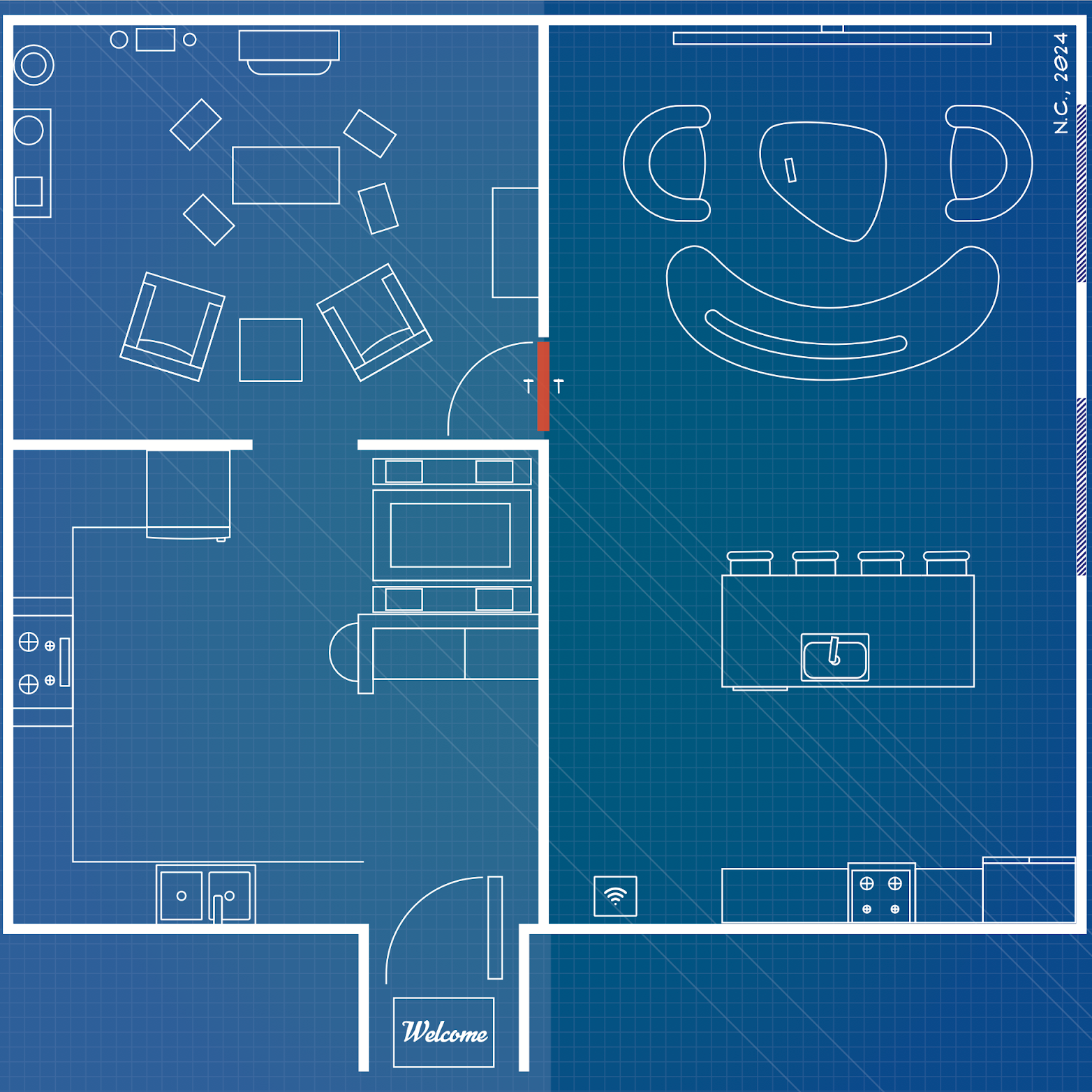 Blue blueprint floor plan of a house showing a living room with a round table and chairs, a bedroom with a bed, a kitchen with appliances, a bathroom with a sink, and an open-concept dining area with a counter and stools.