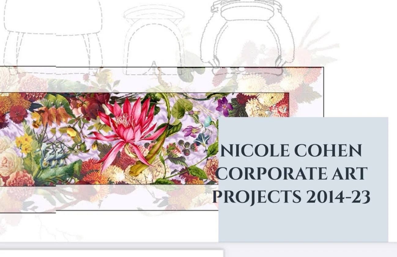 Cover of a book titled "Nicole Cohen Corporate Art Projects 2014-23" with colorful floral artwork.