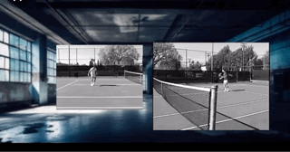 Two black-and-white images of a tennis court, one showing a player near the net and the other showing a player serving, inside an indoor sports facility.