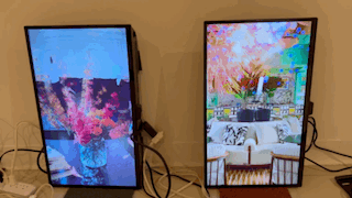Two digital screens displaying colorful, floral-themed images.