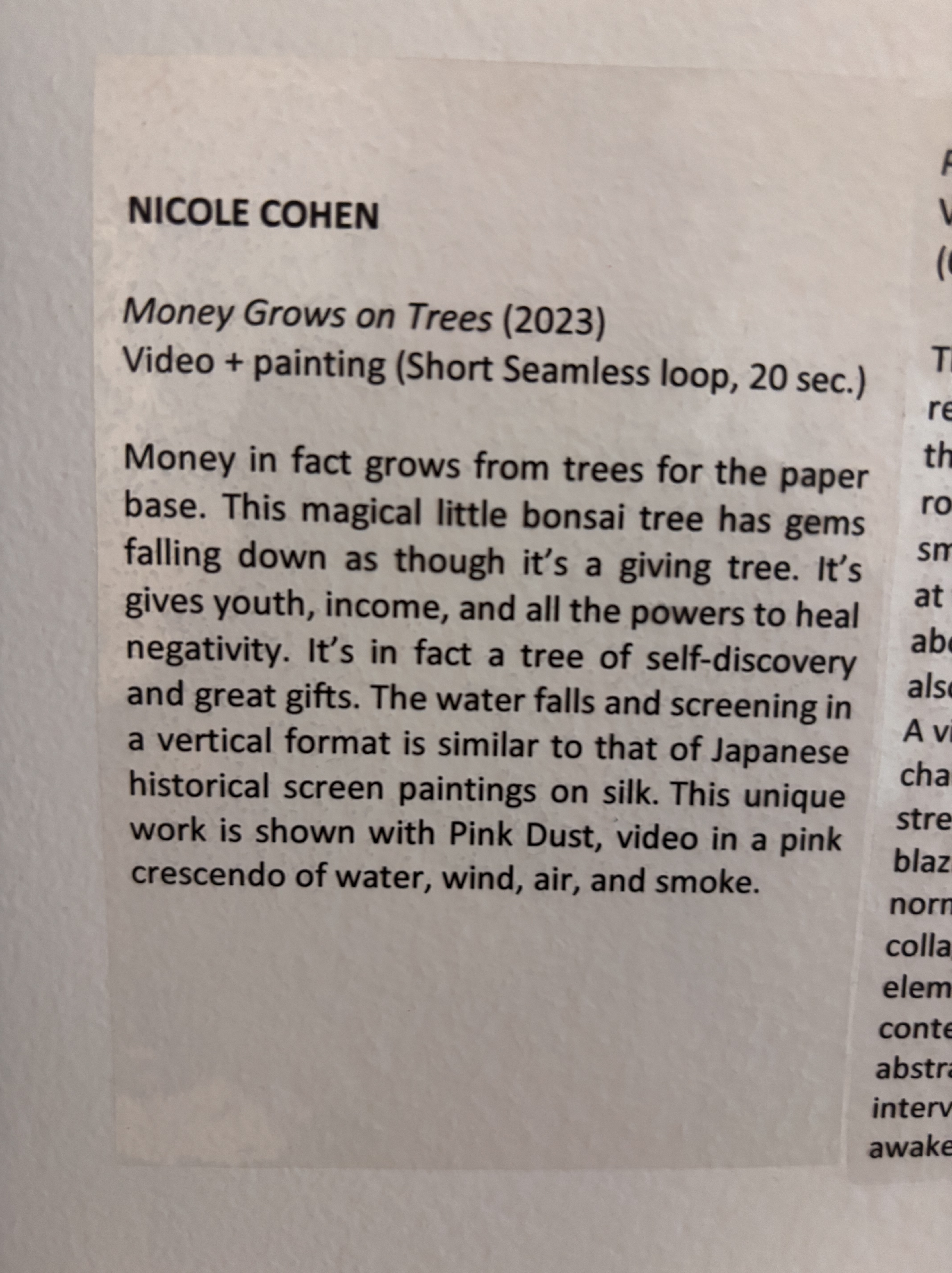 Sakura wall text — Nicole Cohen, Money Grows on Trees, 2023