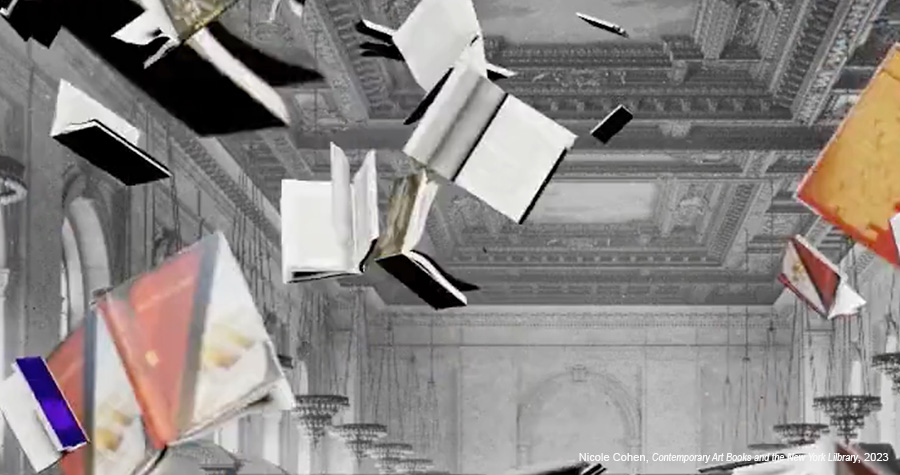 Possibilities — books and flags floating through a grand library interior
