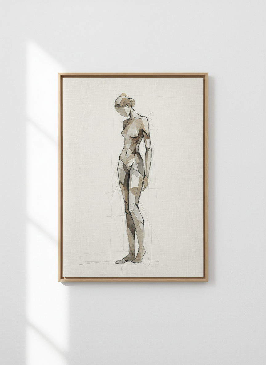 Minimal figurative artwork, single subject in soft neutral tones, contemporary fine art