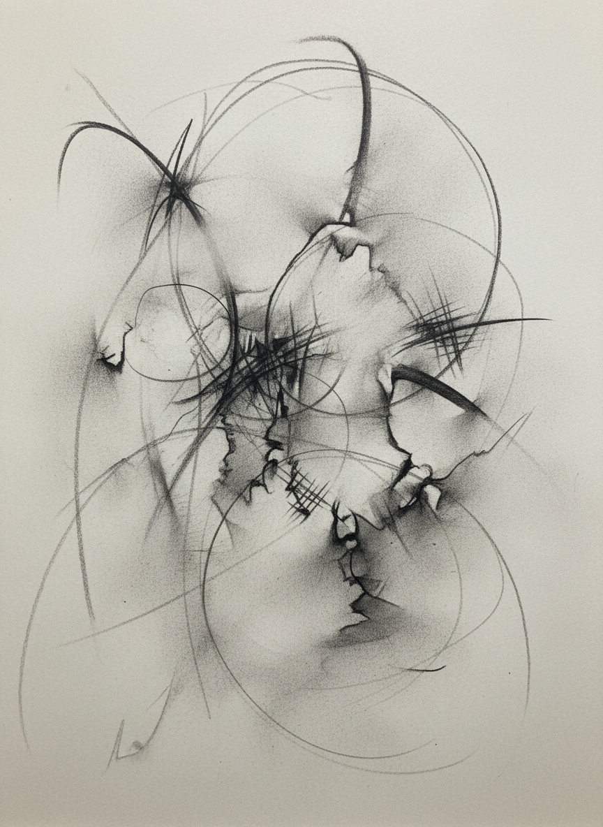 Charcoal drawing abstract gestural marks on paper, soft greys, fine art