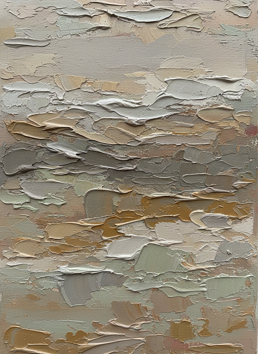 Close-up of oil paint impasto texture, muted neutral palette, abstract material study fine art