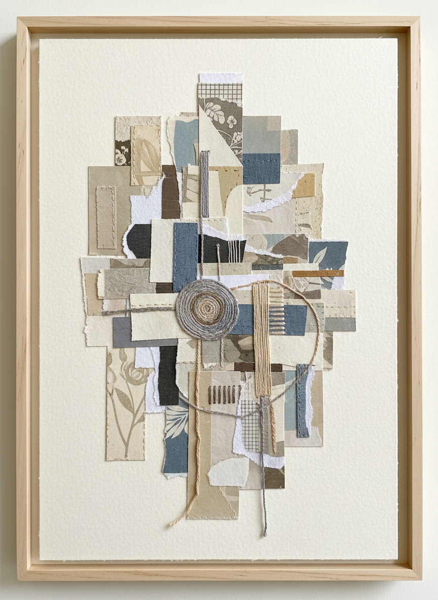 Mixed media collage with paper and thread, muted tones, contemporary fine art