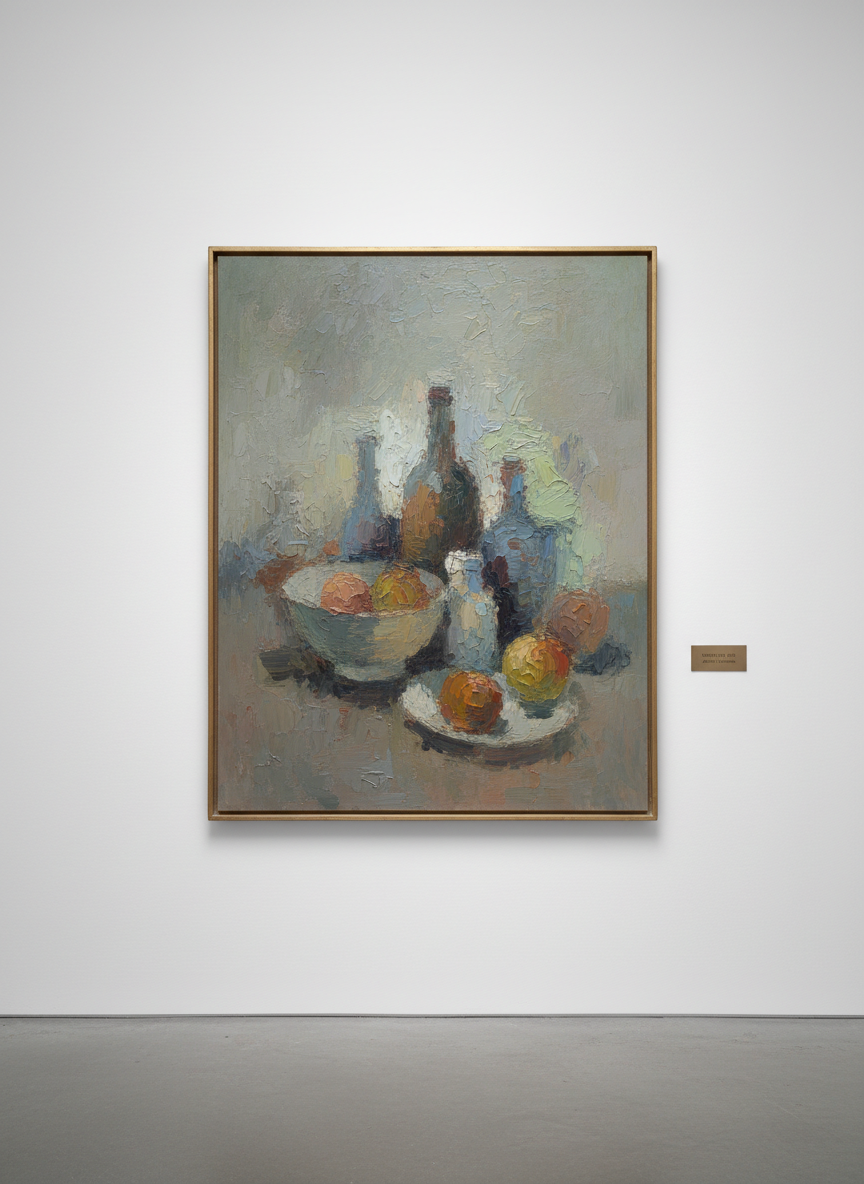 Quiet abstract still life painting, muted palette, textured brushwork, fine art gallery reproduction