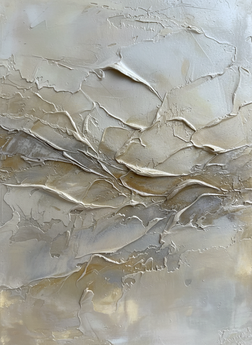 Encaustic wax textured panel, layered translucent neutral tones, abstract fine art