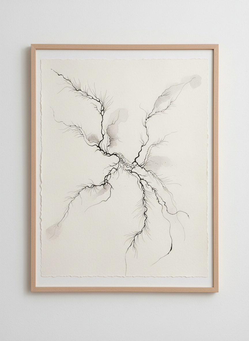 Ink on paper abstract composition, delicate lines, minimal fine art