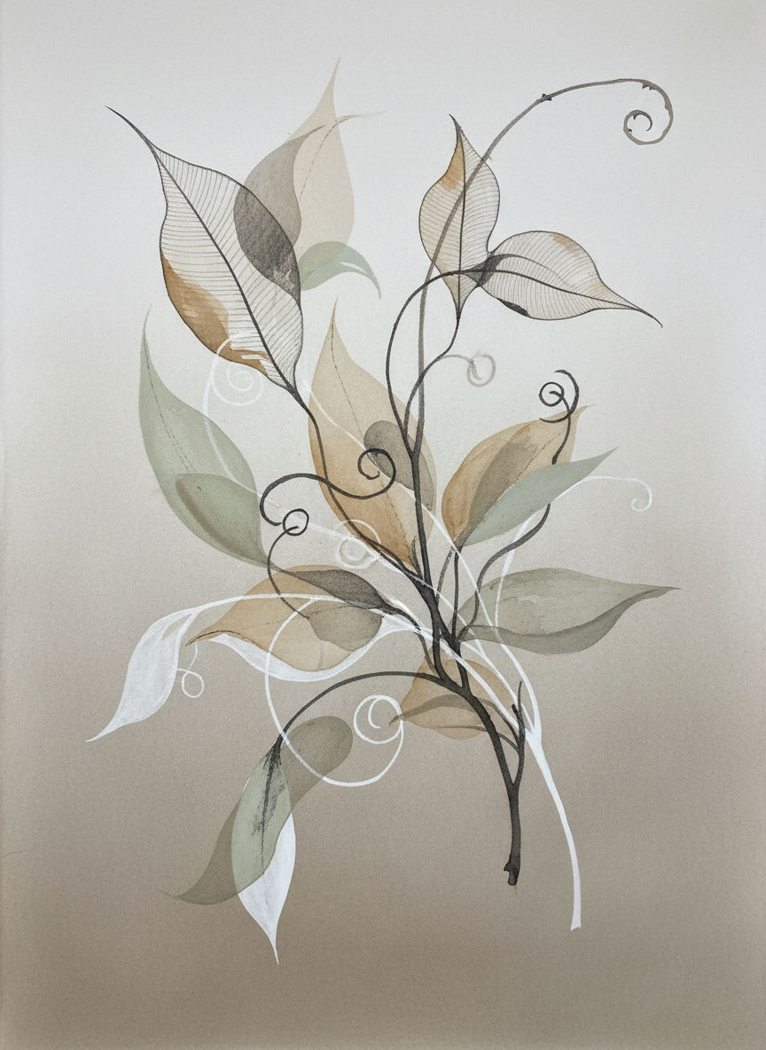Botanical study, delicate abstracted plant forms, soft neutral background, fine art