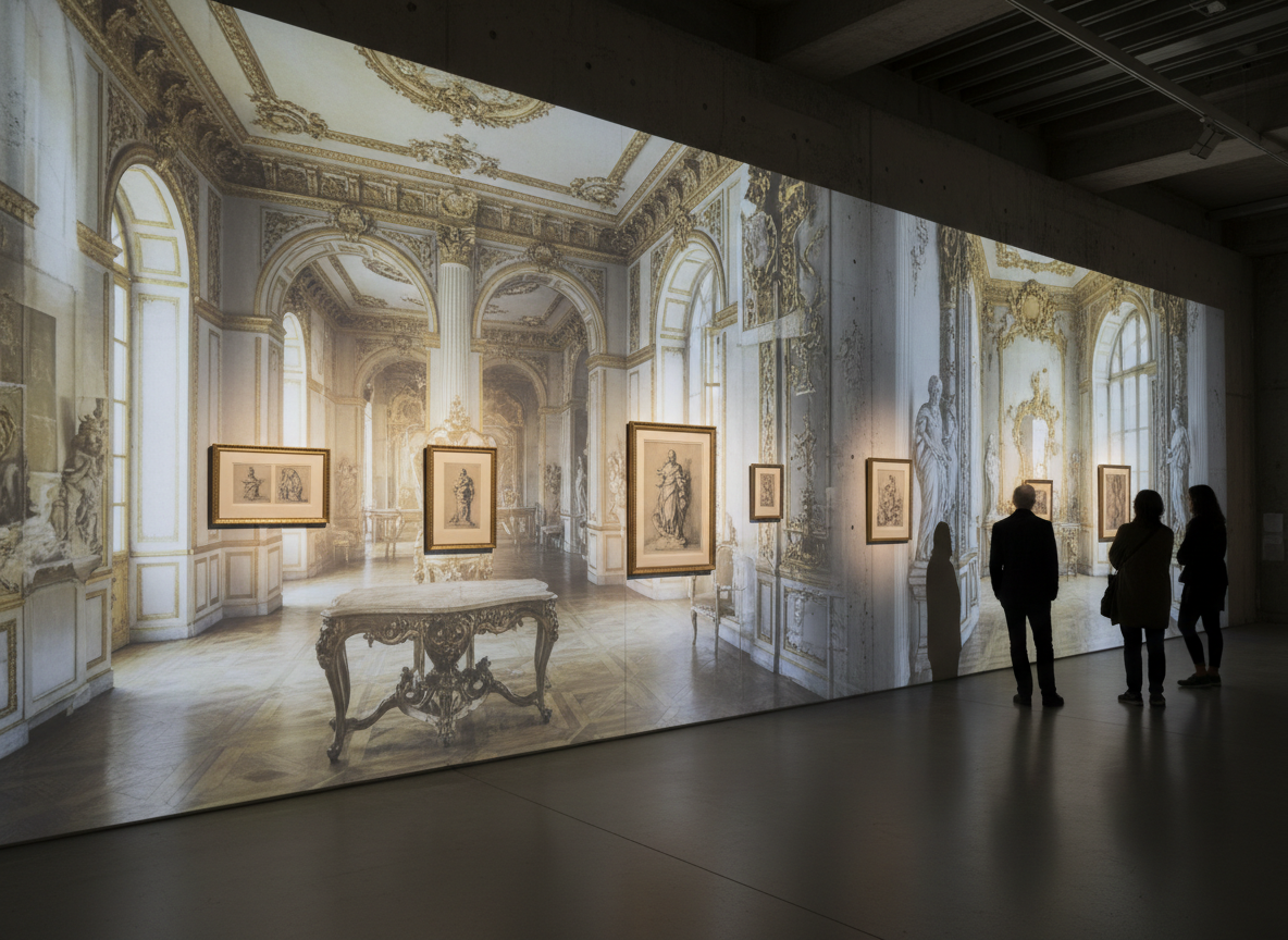 Video installation of French period interiors projected on gallery walls alongside framed drawings
